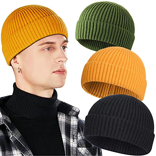 3 Pack Wool Fisherman Beanies for Men, Short Knit Watch Cap Cuffed Hats - color: D-black, Yellow, Green