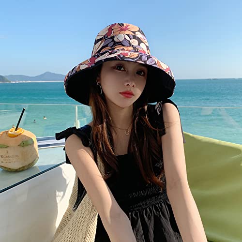 HUAMULAN Wide Brim Women Summer Sun Floppy Hat Reversible Beach Bucket Hat - color: M1744-black