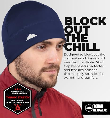 Tough Headwear Thermal Skull Cap - Moisture-Wicking Running Beanie - Wind-Blocking Cycling Cap - 4-Way Stretch Beanie for Men - color: Navy Blue