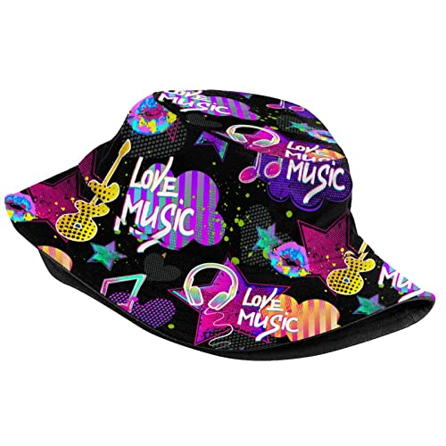 Bucket Hat Sun Beach Packable Fisherman Cap for Women Men Summer Outdoor Hiking - color: Cute Neon Music