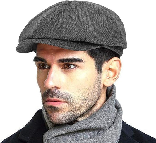 Wool Tweed Newsboy Cap for Men Paperboy Warm Winter Hat Vintage Flat Ivy Cabbie Gatsby Cap - color: Herringbone-darkgrey, size: Medium-Large