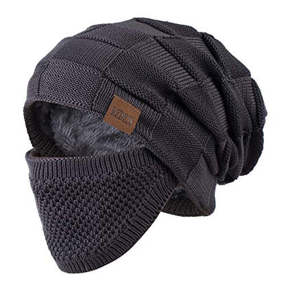REDESS Beanie Hat for Men and Women Winter Warm Hats Knit Slouchy Thick Skull Cap with Face Cover - color: D3 Pure Dark Gray