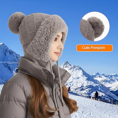 HUAMULAN Women Cable Knit Balaclavas Winter Fleece Lined Beanie Hat - color: Gray With String