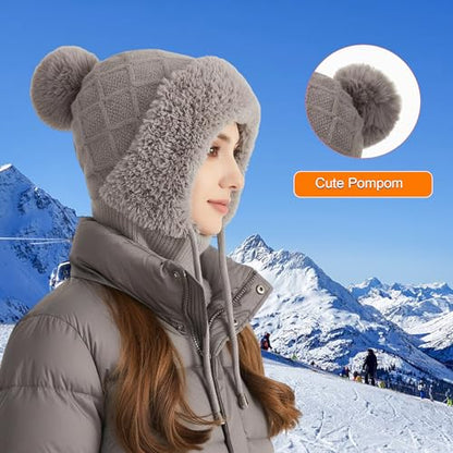 HUAMULAN Women Cable Knit Balaclavas Winter Fleece Lined Beanie Hat - color: Gray With String