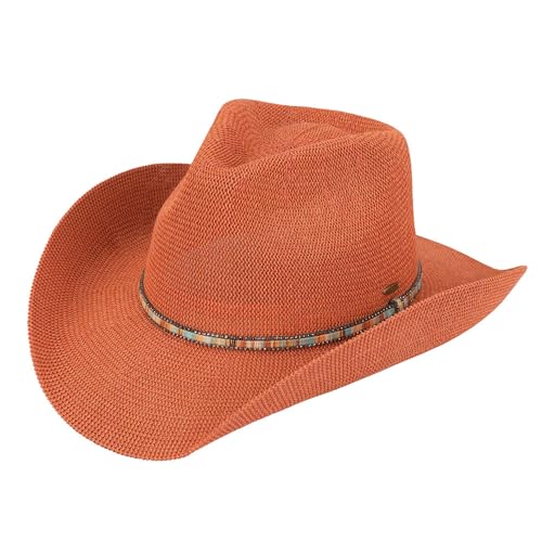 C.C Knitted Cowboy Hat for Women Lightweight Woven Western Hat with Multicolor Trim Band, Wide Brim Summer Sun Hat - color: Clay