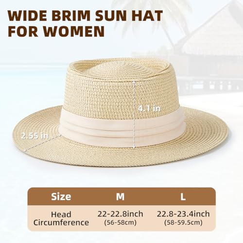 Womens Summer Straw Sun Hat Wide Brim Beach Hat with Wind Lanyard - color: Beige With Beige Band