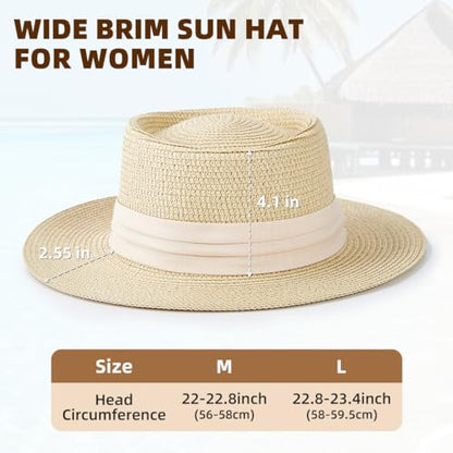Womens Summer Straw Sun Hat Wide Brim Beach Hat with Wind Lanyard - color: Beige With Beige Band