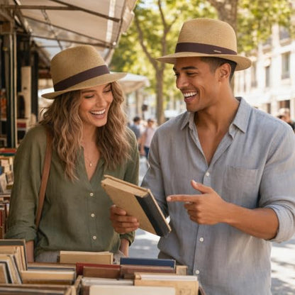 Straw Panama Hat for Men Women, Beach Sun Fedora Hat - color: Khaki-brown