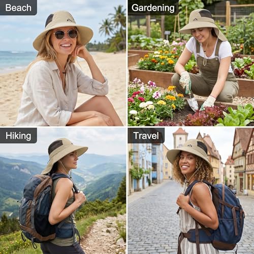 UV Sun Protection Hat Women Foldable Neck Flap Wide Brim Fishing Hat with Ponytail Hole for Women - color: Khaki
