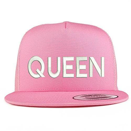 Trendy Apparel Shop Queen Embroidered 5 Panel Flat Bill Trucker Mesh Back Cap - color: Pink