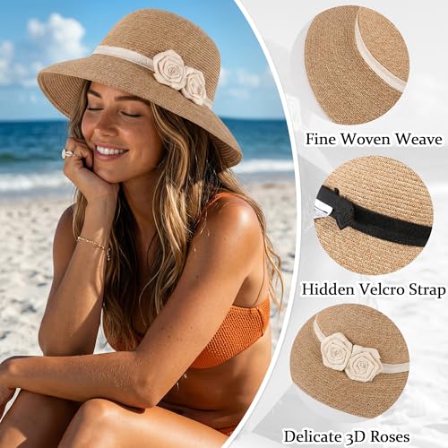Ababalaya Elegant Straw Sun Hat with Handmade Crochet Flowers - color: Beige