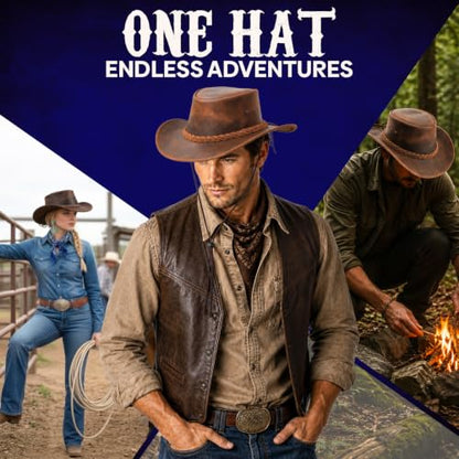 Equine Care Leather Cowboy Hat for Men & Women, Genuine Leather Western - color: Rustic Brown, size: 7 1/4-7 3/8