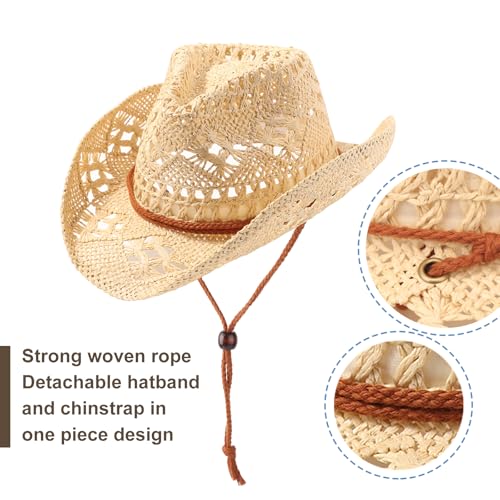 DRESHOW Straw Cowboy Cowgirl Hat for Women Men Western Coastal Cowboy Beach Hat with Shapeable Brim Unisex Rolled up Caps - color: 1 Pack Straw Woven Hollowed-out: Beige