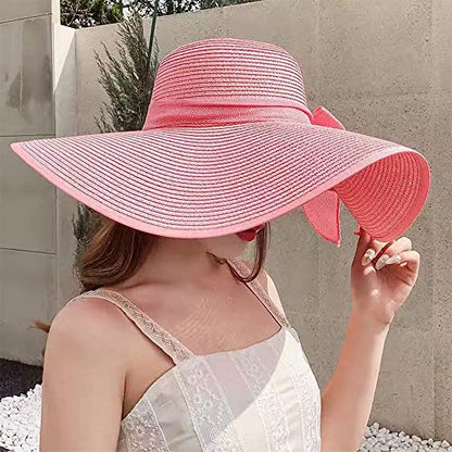 FSIGOM Women's Folable Floppy Hat,Wide Brim Sun Protection Straw Hat, Summer UV Protection Beach Cap - color: C1-f-pink, size: Medium