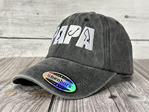 Papa Fishing Hats, Fisherman Gift for Grandpa Grandfather - color: Papa (Fishing - Washed Black)