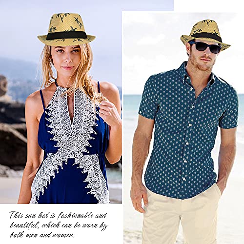 Summer Straw Fedora Hat Short Brim Panama Sun Hat Trilby Beach Hat for Men & Women - color: A-printing-khaki, size: Medium