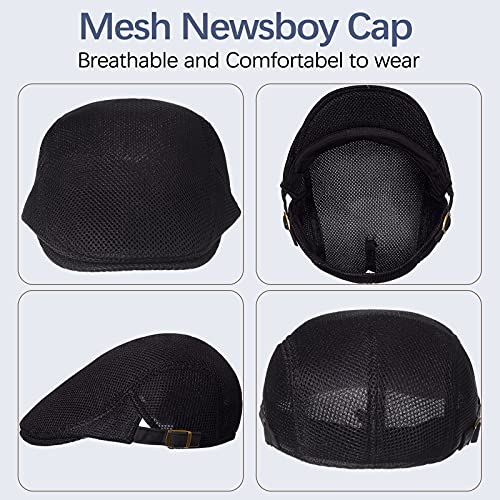 Geyoga 3 Pcs Mesh Newsboy Cap, Adjustable Mesh Cap - color: Light Gray, Deep Gray, Black