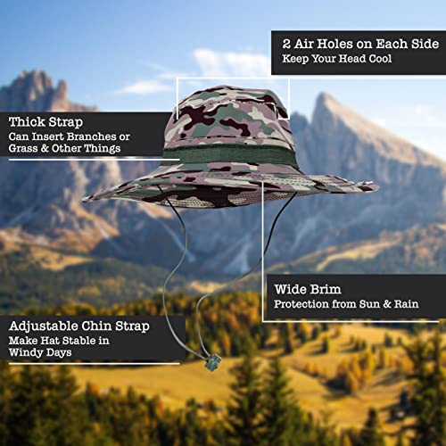 BaHoki Essentials Military Style Bucket Hat - Camo Outdoor Hat with Adjustable Strap - Wide Brim Safari Hat - style: Camo