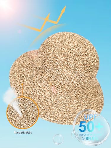 sy soul young Women's Straw Sunhat Wide Brim Hand Woven Beach Bucket Hat - color: Beige & Coffee