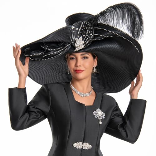 Women's Dramatic Giant Wide Brim Rhinestone Church Hat Statement Turban Fascinator for Wedding Chapel Baptist Sunday - color: 19-black