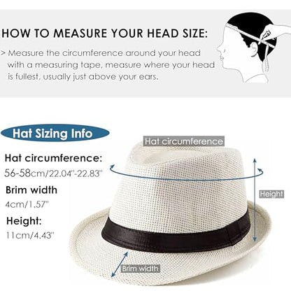 Straw Fedora Hat for Men Panama Hat Short Brim Summer Sun Hat - color: Black Belt-cream