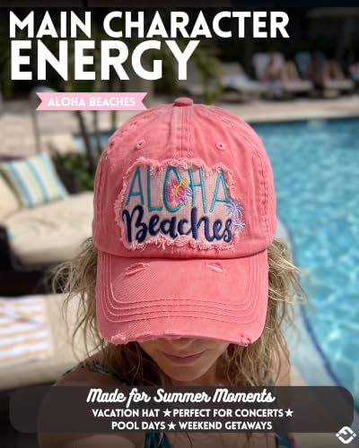 Funky Junque Distressed Baseball Cap, Vintage Embroidered Dad Hat - color: Aloha Beaches - Coral