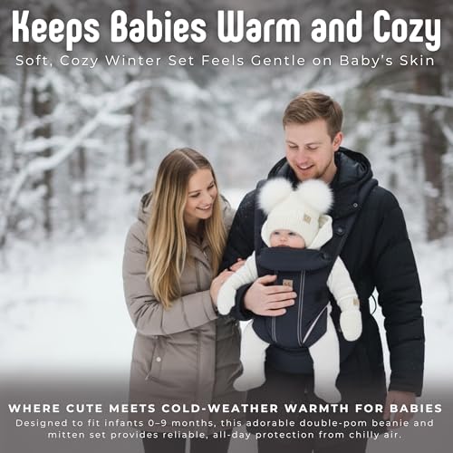 Funky Junque Baby Double Faux Fur Pom Pom Beanie & Mittens Set – Newborn Infant 0–9 Months Winter Hat with Soft Lined Mittens - color: Ear Flap Ivory W/ Ivory Mittens (0-9 Months)