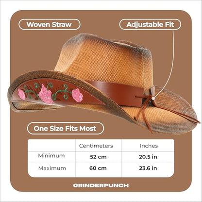 grinderPUNCH Straw Cowboy Hat for Men Women Western Cowgirl Outback Sun Hat - color: Leather