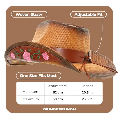grinderPUNCH Straw Cowboy Hat for Men Women Western Cowgirl Outback Sun Hat - color: Leather