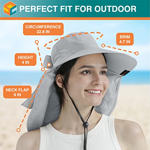 SUN CUBE Wide Brim Sun Hat with Neck Flap for Men Women, UPF50+ Fishing - color: Light Grey With Bow