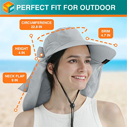 SUN CUBE Wide Brim Sun Hat with Neck Flap for Men Women, UPF50+ Fishing - color: Light Grey With Bow