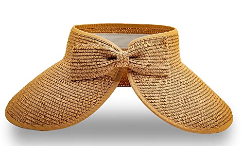 Straw Sun Visor for Women, Wide Brim UPF 50+ Protection Beach Hat, Adjustable, Roll Up Foldable Ponytail Cap with Chin Strap - color: Khaki