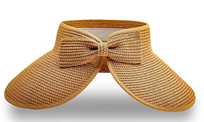 Straw Sun Visor for Women, Wide Brim UPF 50+ Protection Beach Hat, Adjustable, Roll Up Foldable Ponytail Cap with Chin Strap - color: Khaki