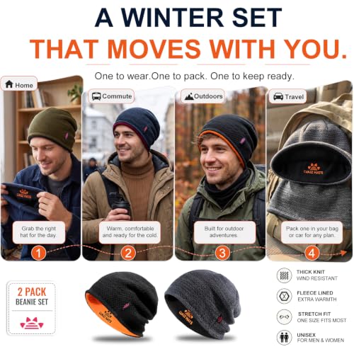 2 Pack Fleece Lined Beanie Hat Reversible Knit Skull Cap for Men Women - color: Black+mix Grey