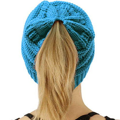 C.C Exclusives Soft Stretch Cable Knit Messy Bun Ponytail Beanie Winter Hat for Women (MB-20A) - color: Solid Teal