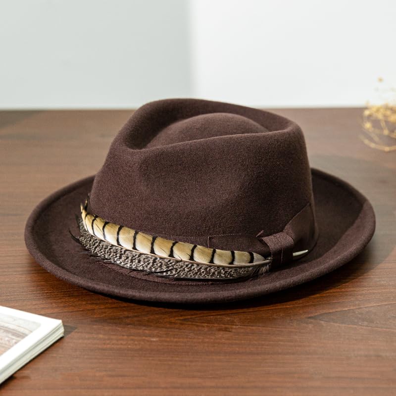 Home Prefer Men's Wool Felt Winter Hat Short Brim Fedora Hat with Feather - color: Coffee Ring Necked Feather