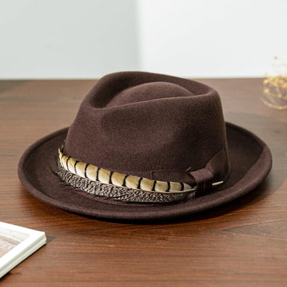 Home Prefer Men's Wool Felt Winter Hat Short Brim Fedora Hat with Feather - color: Coffee Ring Necked Feather