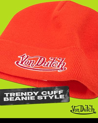Von Dutch Unisex Cuffed Knit Skull Cap Beanie, Embroidered Logo - color: Orange