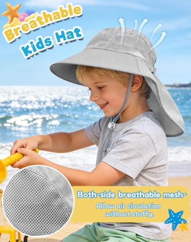 Rosoz Kids Sun Hat with Neck Flap UV Protection Summer Toddler Beach Hat Unisex Ponytail Hat Wide Brim Fishing Hat - color: 1pack-light Grey
