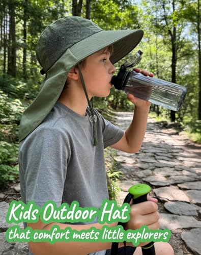 Rosoz Kids Sun Hat with Neck Flap UV Protection Summer Toddler Beach Hat Unisex Ponytail Hat Wide Brim Fishing Hat - color: 1pack-dark Green