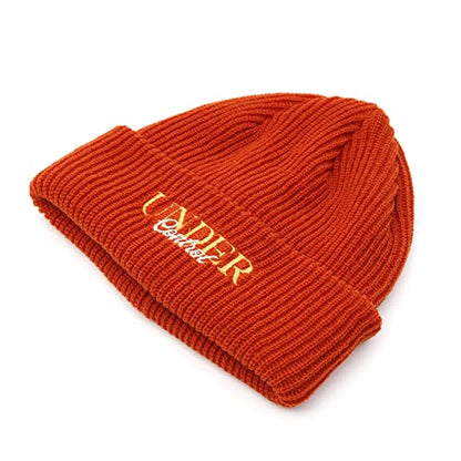 UNDERCONTROL Logo Label Patch Unisex Fall Winter Short Thick Cuffed Rollup Warm Beanie Korea Trawler Fisherman Knit Skull Hat - color: Athletic Orange