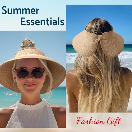 NPJY Sun Hats for Women Wide Brim Roll-Up Ponytail Packable Straw Visor - color: White