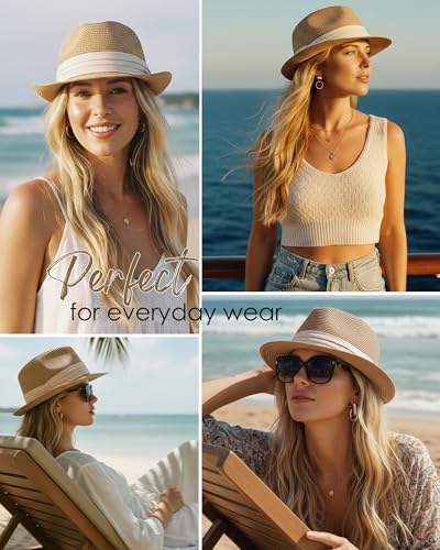 Straw Sun Hat for Men Women Short Brim Beach Trilby Hat UPF 50+ - color: Khaki