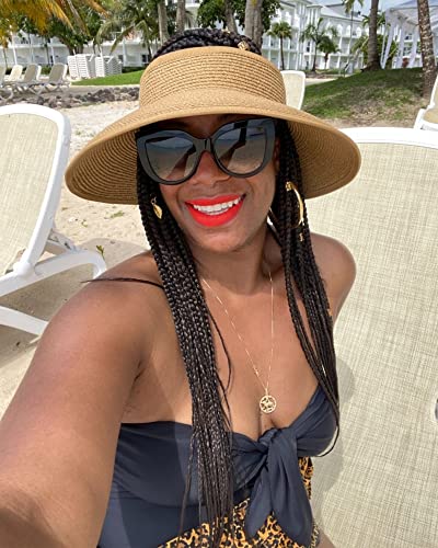 FURTALK Womens Sun Hat with Ponytail Hole Wide Brim Beach Straw Visor - color: Beige Khaki Mix