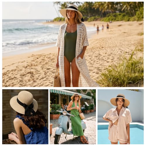 Surblue Women's Beach Straw Hat, Wide Brim Sun Hat with Black Bow - color: Khaki