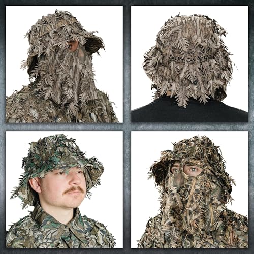 QuikCamo Men’s 3D Leafy Camo Bucket Hat with Built-in Face Mask for Turkey Hunting - Adjustable Size - color: Realtree Apx Camo