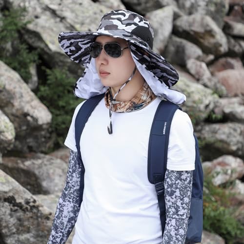 Men Women Safari Bucket Fishing Sun Hats Face Cover Neck Flap - color: Camou Gray