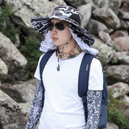 Men Women Safari Bucket Fishing Sun Hats Face Cover Neck Flap - color: Camou Gray