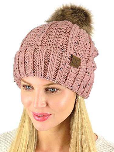 C.C Thick Cable Knit Faux Fuzzy Fur Pom Fleece Lined Skull Cap Cuff Beanie - color: Confetti Indi Pink