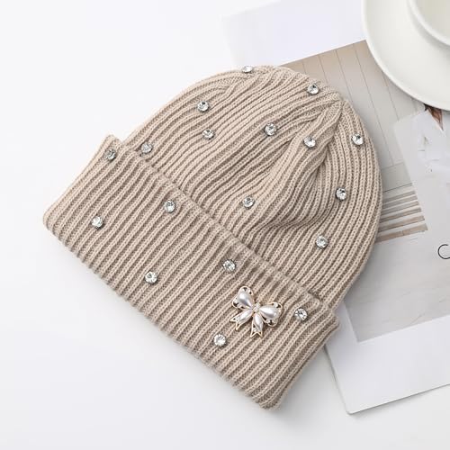 Cute Rhinestone Hat Winter Cuffed Ribbed Knitted Pearl Bow Beanie for Women Men - color: Beige